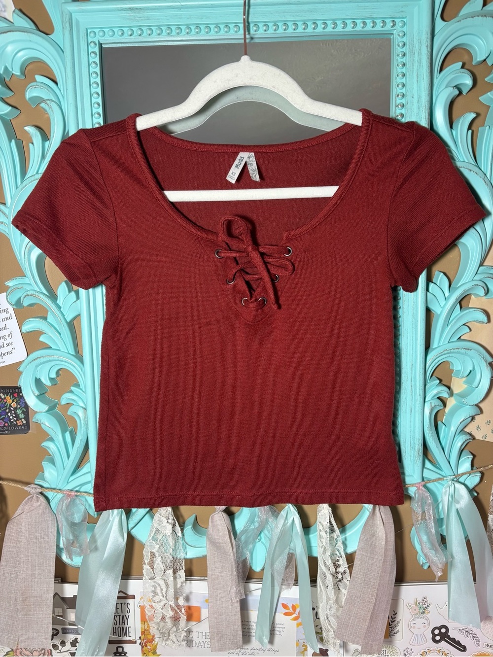 Mudd Knit Short Sleeve Crop Top Lace Up Front Burnt Orange Women’s Sz XS Earthy
